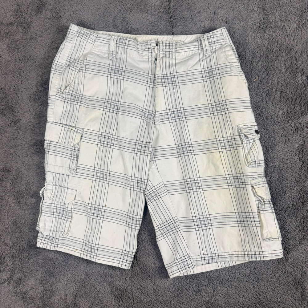 Iron Jeans Cargo Shorts Mens 32 White Good Plaid Cotton Multi Pocket Casual